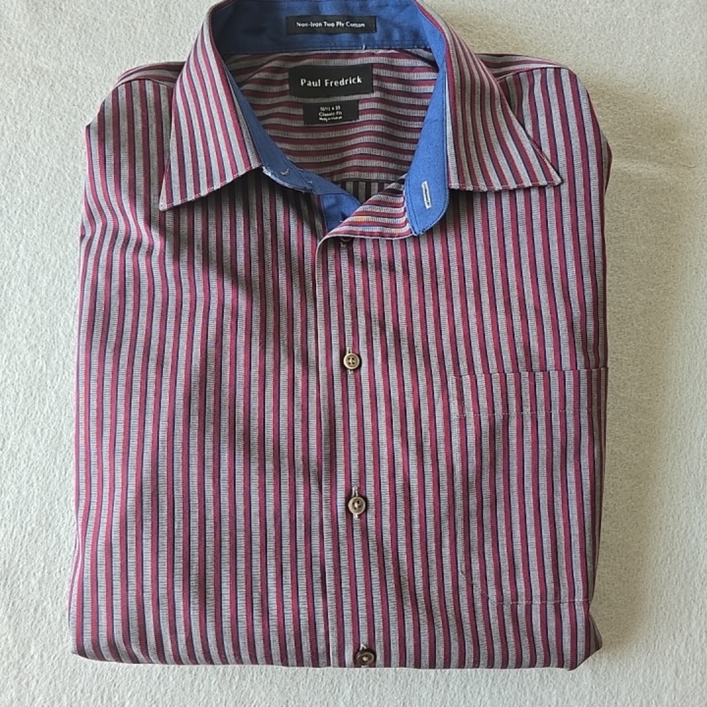 Paul Fredrick Burgundy & Gray Striped Dress Casual Shirt Blue Trim Size L Classy